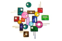 4-piece Colorful Wood w/Metal Wall hanging, Abstract Sqaure wall sculpture 36x36 - £218.12 GBP