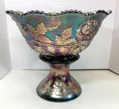 Fenton Wreath Of Roses Punch Bowl w/Base Green Carnival Glass Vintage RARE - $875.00