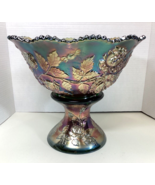 Fenton Wreath Of Roses Punch Bowl w/Base Green Carnival Glass Vintage RARE - $875.00