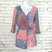 Anthropologie Sanctuary Romper Womens Small Red Blue Floral 3/4 Sleeve V... - $24.95