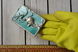vintage artist signed hand mirror purse bag art turquoise faux pearl metal - £38.82 GBP