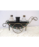 Vintage Metal Flower Cart Salt and Pepper Shaker Set with Toothpick Holder  - $15.99