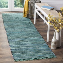 Rag Rug Runner with Tassels Teal Turquoise Rags Weave Floor Mat Hallway - $62.36