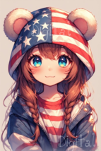PATRIOTIC AMERICAN Flag Anime Girl Bear Hood Eared INSTANT DOWNLOAD Grap... - $1.50