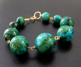 Azurite Chrysocolla Bracelet, Chunky Bracelet, Blue and Green, Gold Wire Wrapped - £23.97 GBP