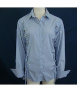 TOPSHOP Lace Up Blouse Tunic Top Blue White Pinstripe Long Sleeve Stretc... - $37.04