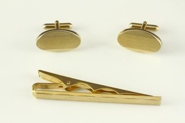 Vintage Men&#39;s Costume Jewelry Oval Brushed Gold Tone Cuff Links &amp; Tie Cl... - £14.22 GBP