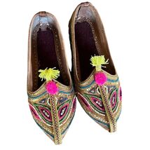 VTG 1970s Embroidered Leather Khussa Slippers Beaded Boho Folk Shoes - $74.95
