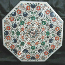 30&quot; White Marble Coffee Corner Table Top Multi Marquetry Inlay Floral Arts H3409 - £1,258.68 GBP