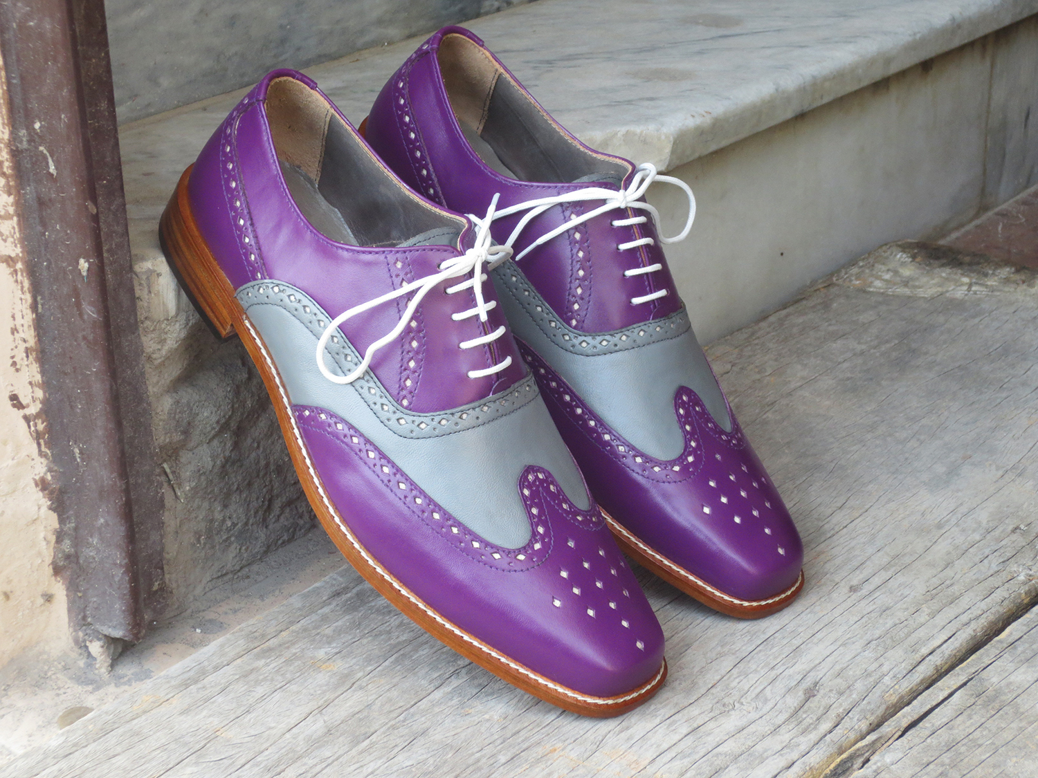 Two Tone Oxford Gray Purple Cont Wingtip Brogue Handmade Leather Fashion Shoes