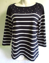 Talbots Nautical Stripe Textured Pearl Bead Top Shirt Women&#39;s MEDIUM Black White - £17.86 GBP