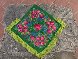 Traditional folk scarf, green floral fringed headscarf, ethnic Eastern E... - $20.00