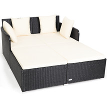 Outdoor Patio Rattan Daybed Pillows Cushioned Sofa Furniture Beige - £316.36 GBP