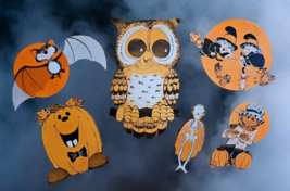 Vintage Halloween 5 Piece Die Cut Set Owl Witch Bat Moon Skeleton Jack-O... - $63.60