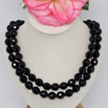 Vintage Jet Black Faceted Glass Beaded 2 Strand Choker Necklace Rhinestone Clasp - £20.06 GBP