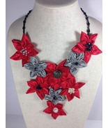 Handmade Statement Necklace Daisy Flower V-Shape Red Gray Crystal Chain - £31.13 GBP