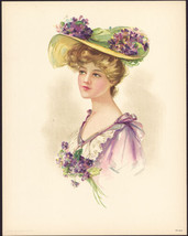 1908 Victorian Print - Lady in Hat with Purple Violets - £9.73 GBP