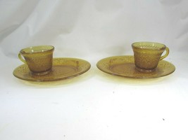 2 Vintage Tiara Amber Sandwich Glass Indiana Snack Plate Cup Daisy 51424 - £23.64 GBP