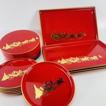 Otagiri Christmas Red Gold Horse Coach Carriage Lacquerware Set 4 Tray 6... - $48.95