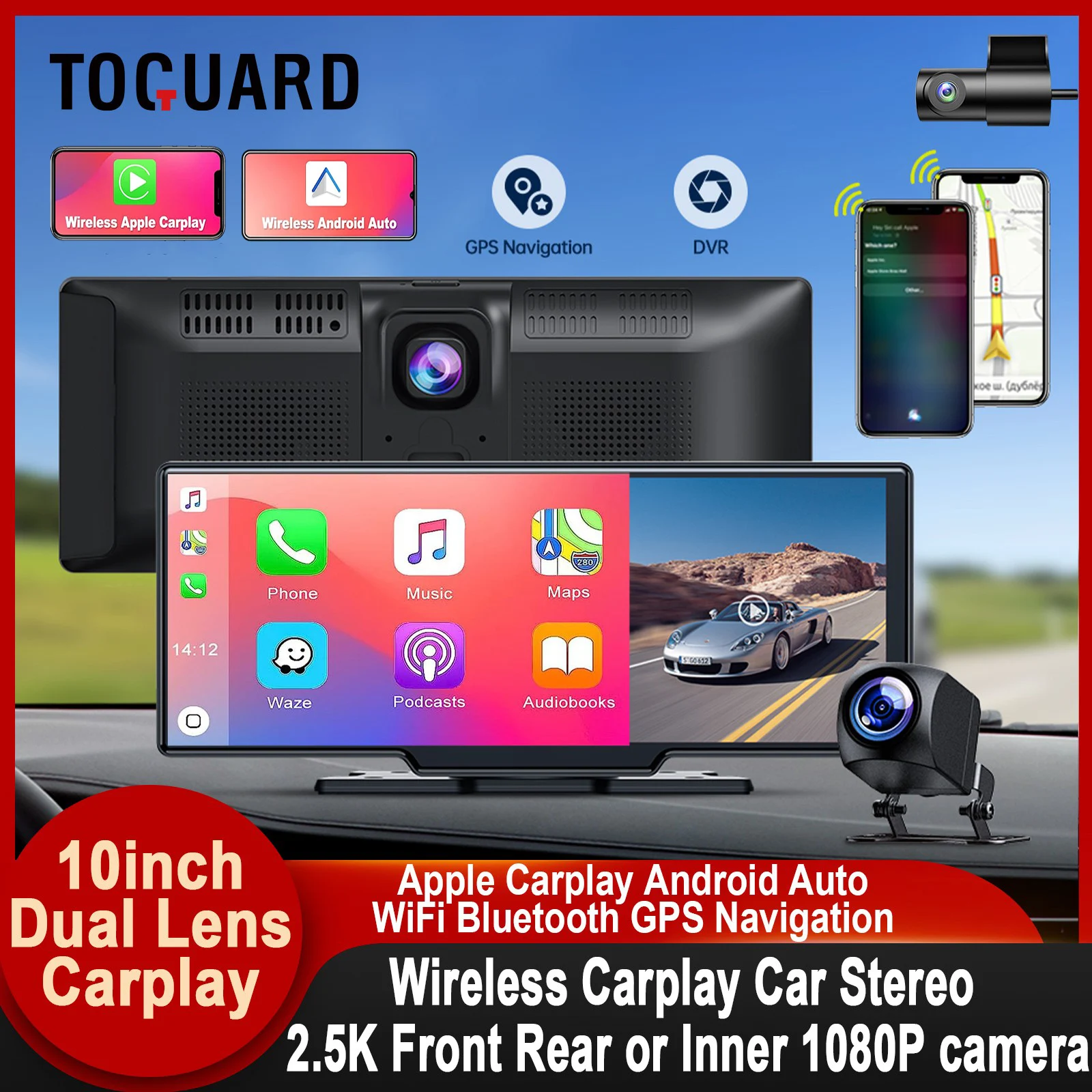TOGUARD 10inch Dual Lens Wireless Apple Car play Screen Android Auto Display Car - £101.32 GBP+