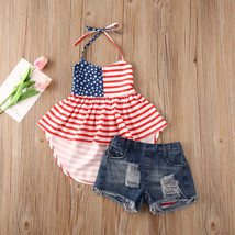  NWT Patriotic 4th of July Girls Flag Tunic Shirt &amp; Denim Shorts Outfit Set - £10.38 GBP