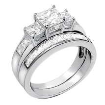 Women&#39;s Sterling Silver Three Stone Princess Simulated Diamond Wedding Ring Set - £104.96 GBP