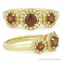 0.80ct Round Cut Garnet Gemstone &amp; Diamond Three-Stone Ring in 14k Yellow Gold - £417.65 GBP