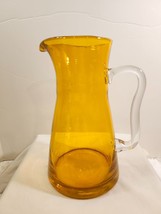 Vintage Hand-Blown Amber Yellow Glass Pitcher Applied Asymmetrical Handle 1970&#39;s - $31.68