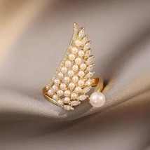 luxury golden imitation pearl Wing Shape zircon opening adjustable ring - £7.85 GBP