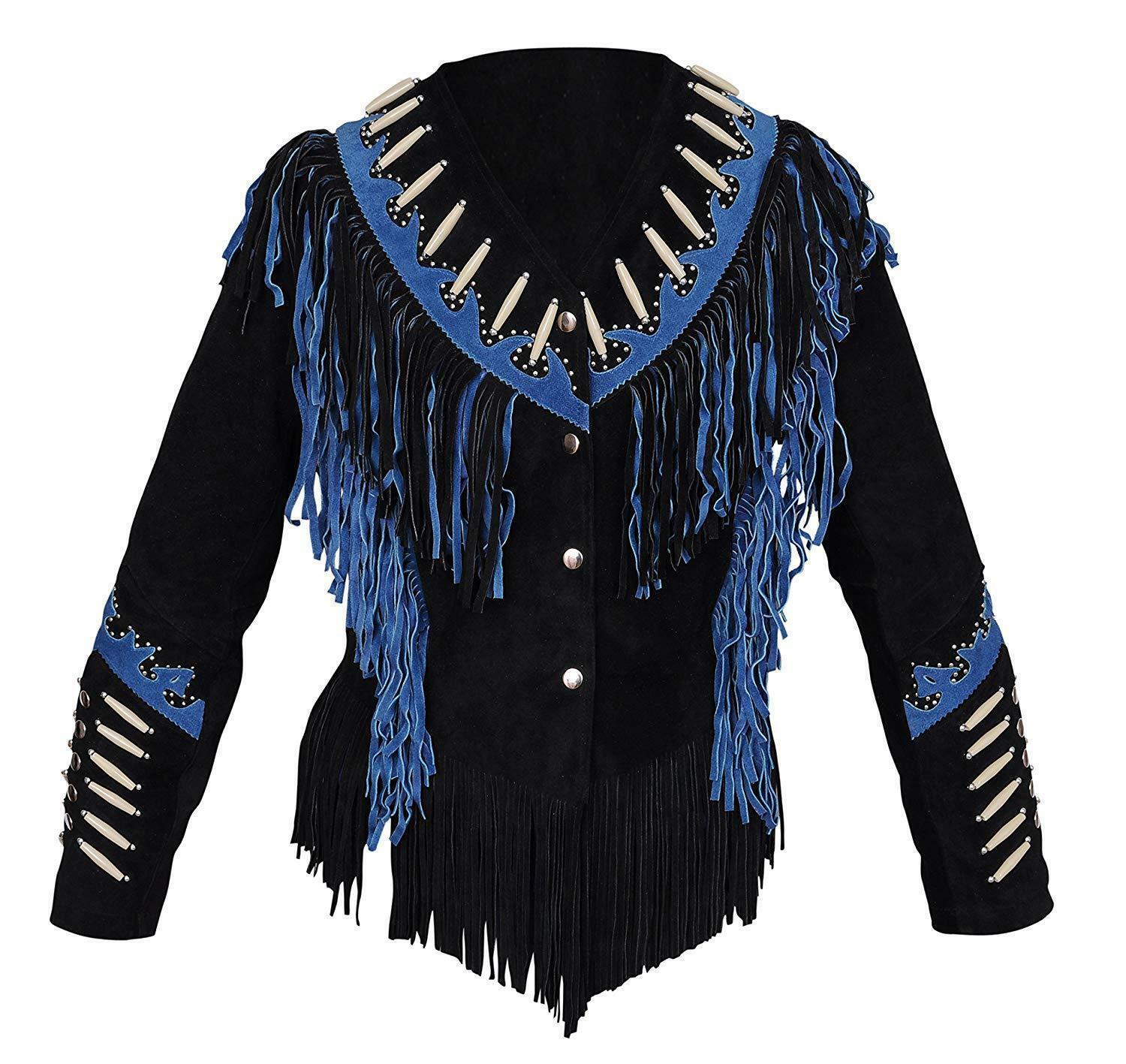 Two Tone Black Blue Contrast Suede Leather Fringed Bone Beads Handmade Jacket