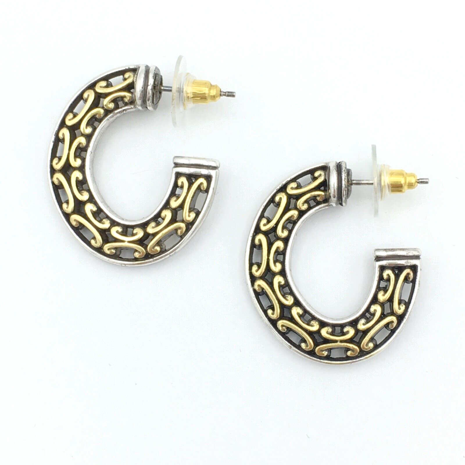 BRIGHTON two-tone flat half-hoop earrings - silver & gold-tone openwork C scroll - £19.65 GBP