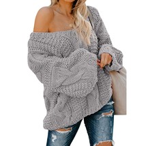 Women Chunky Off The Shoulder Loose Fit Oversize Plaid Knit Pullover Sweater Jum - £59.51 GBP