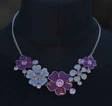 Enamel Flower Necklace Vintage Pendant Rhinestone Statement Adjustable Boho - £9.89 GBP
