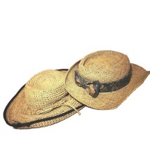 2 Vtg Straw Hats Women Fun Props Plays Beach Floppy Panama Casual Woven Boho - £16.42 GBP