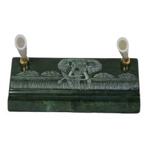 Vtg Signed African Verdite Stone Elephant Hand Crafted Etched Desk Pen Holder - £44.64 GBP