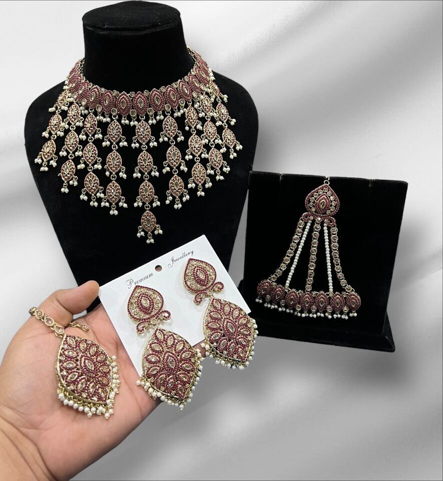 Primary image for Gold plated polki Kundan Jewelry Set Necklace Passa Tikka Earrings Punjabi Party