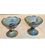 Pair Indiana Blue Iridescent Carnival Glass Candlestick Holder Harvest G... - $31.99 CAD
