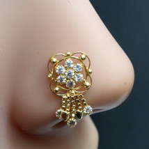 Indian Big Dangle White CZ Gold Plated Nose Stud Push Pin - £10.63 GBP