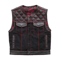 Men&#39;s Biker Vest Black Leather Red Diamond Stitch Inner Red Paisley Vest Biker - £56.12 GBP+
