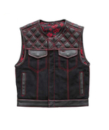 Men&#39;s Biker Vest Black Leather Red Diamond Stitch Inner Red Paisley Vest... - £55.08 GBP+
