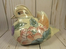 VINTAGE Chinese Pottery Bird Figurine Pink &amp; Blue Floral 3.25&quot; x 6&quot; Marked. - £13.98 GBP