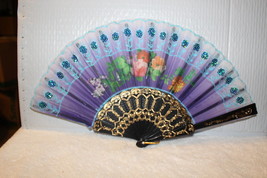 FAN ( SMALL HAND TYPE FAN ) WITH FLOWERS FLOWER SEQUINS B4 - £6.32 GBP