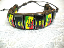 Bob Marley Pot Leaf Stickers On Hematite Beaded Black Leather Adj Bracelet - £3.92 GBP