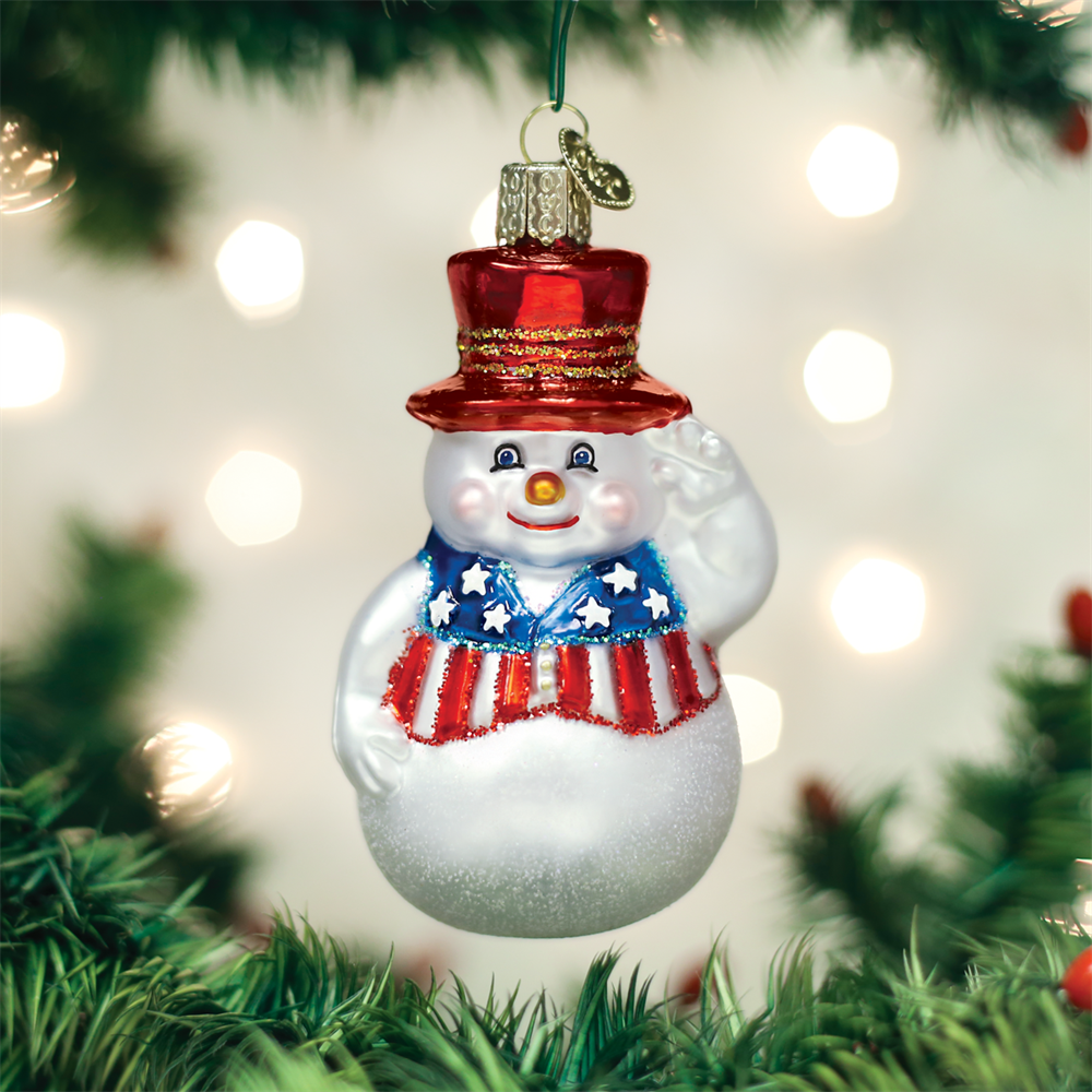 Primary image for OLD WORLD CHRISTMAS PATRIOTIC SNOWMAN FROSTY GLASS CHRISTMAS ORNAMENT 24180