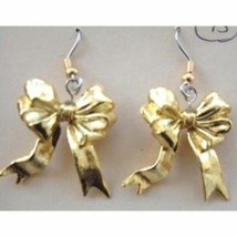 Funky Bows Gold Ribbon Earrings -Welcome Home- Fun Holiday Novelty Charm Jewelry - £4.69 GBP