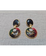 Gold Tone Blue/Green/Red Swirl Design Circle Dangle Earrings, 1&#39;&#39;, Vinta... - $21.00 CAD