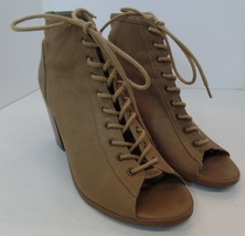 Y-Not? Lace Up Tan Leather Like Perforated Bootie Open Toe Block Heel Si... - £20.95 GBP