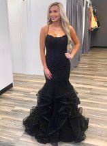 Sexy Spaghetti Straps Lace Applique Mermaid Prom Dresses with Ruffles - £143.45 GBP