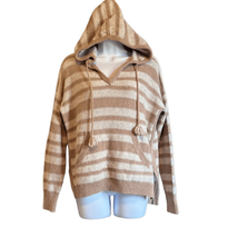 Madewell Womens Small Brown Tan Stripes V-Neck Rib Knit Hoodie Sweater P... - $18.69