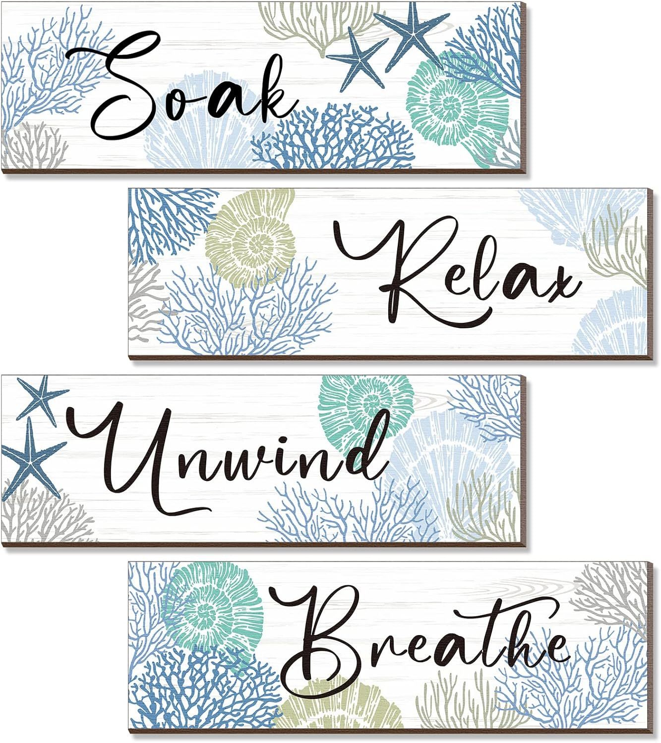Pinkunn Set Of 4 Beach Bathroom Wall Decor Wood Relax Soak Unwind Breath... - $41.96